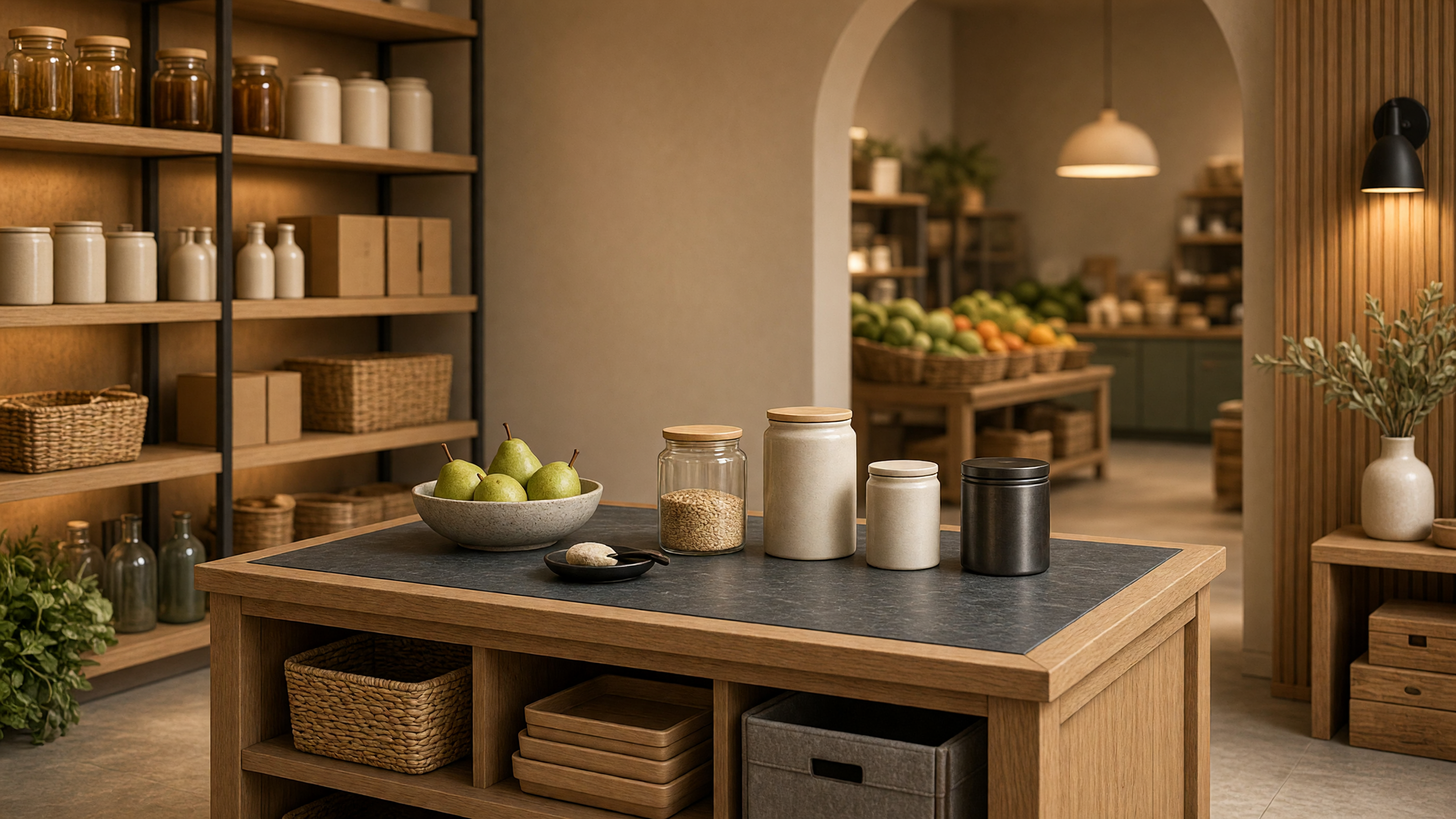 AI-generated article cover: Synthetic editorial still life of a tidy boutique grocer with unbranded jars, pears, pantry containers on a wooden island and generic stocked shelves.