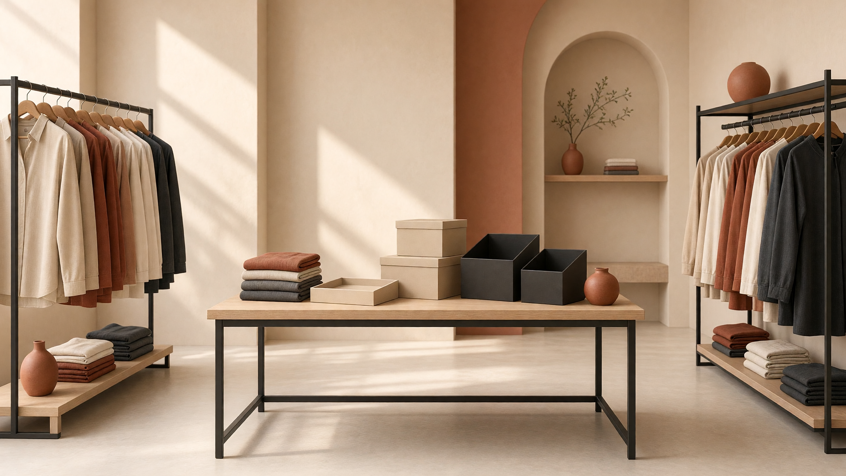 AI-generated article cover: Synthetic boutique interior with garment racks, folded clothes, and plain boxes on a central wooden table under soft light.