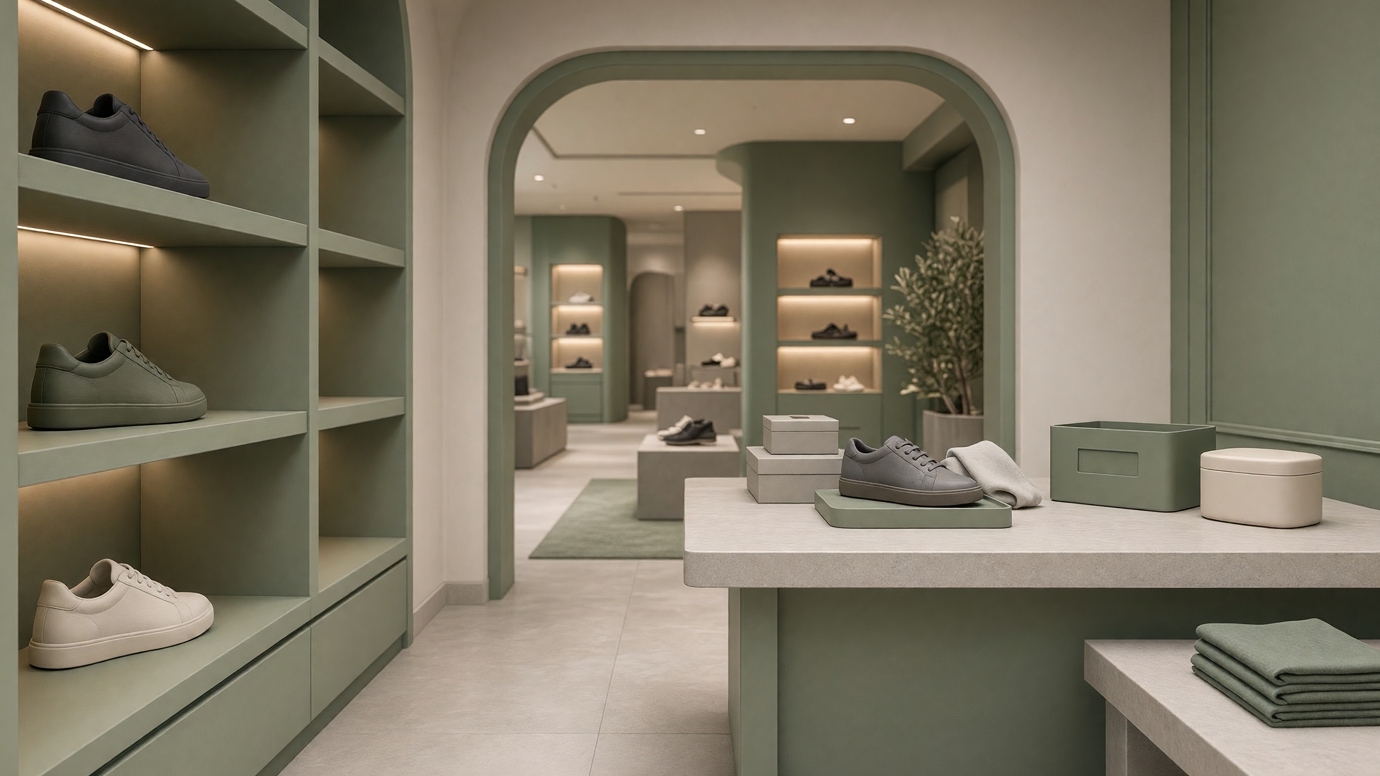 AI-generated article cover: Synthetic sage boutique aisle with generic sneakers on lit shelves, archway to stocked floor, and tidy receiving table of plain boxes and footwear.