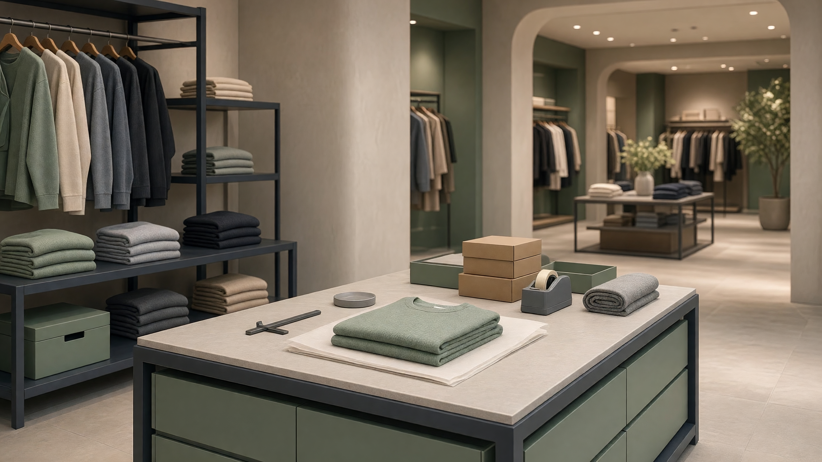 AI-generated article cover: Synthetic boutique interior with unbranded garments on racks and shelves plus a tidy packing table of plain boxes and folded sweaters.
