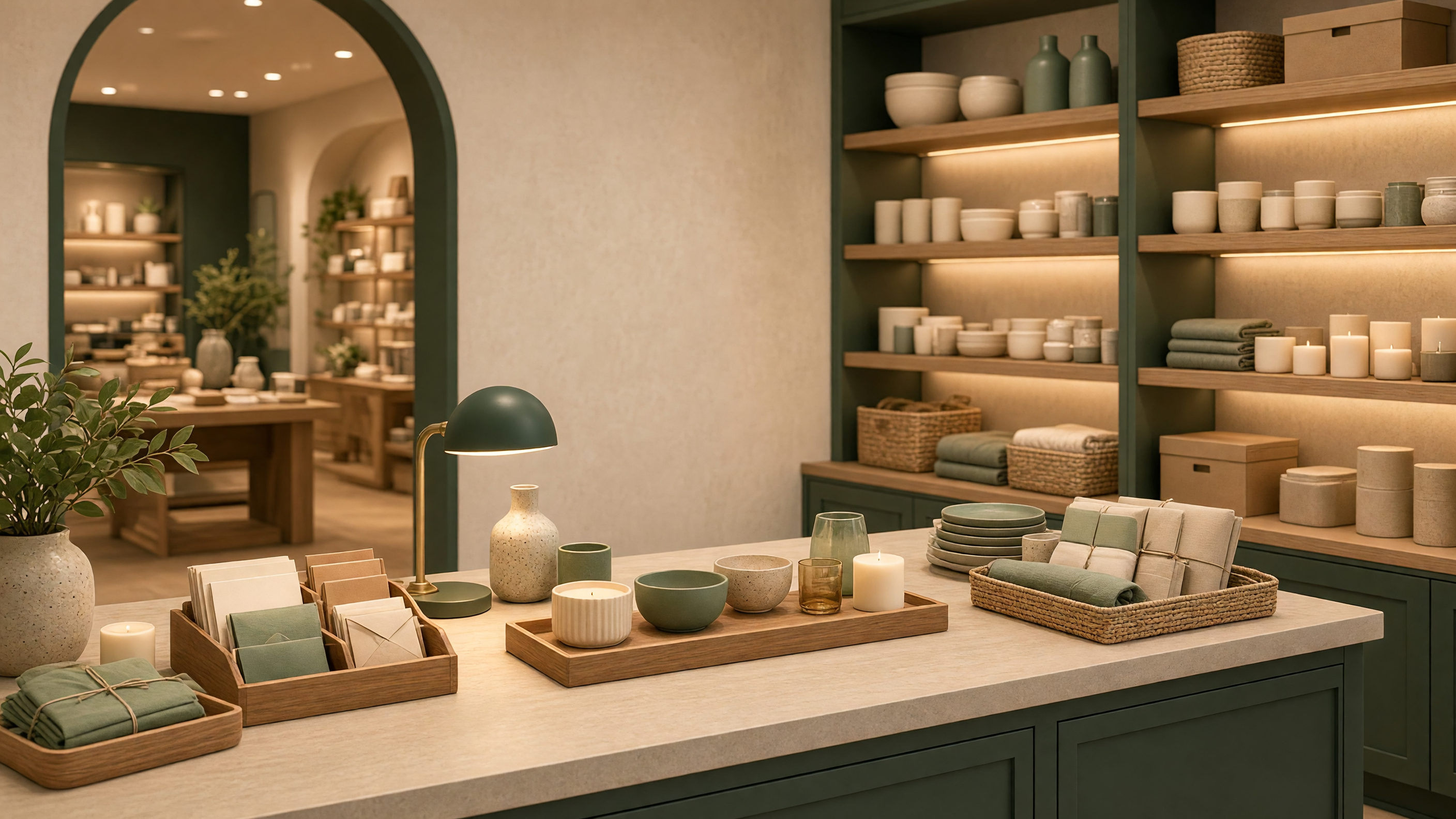 AI-generated article cover: Synthetic editorial still life of a tidy boutique counter with unbranded ceramics, candles, stationery, and green shelving under warm lighting, empty of people.