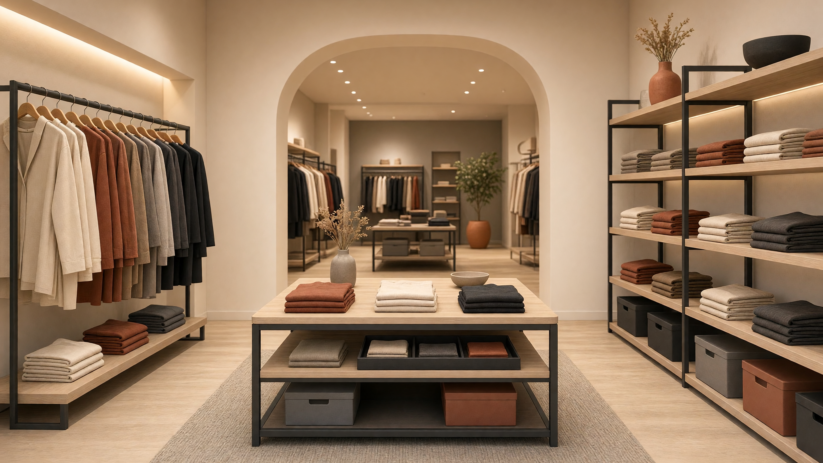 AI-generated article cover: Synthetic editorial view of an empty boutique aisle with unbranded garments on racks, folded stacks on shelves and a central table, cream and terracotta tones.