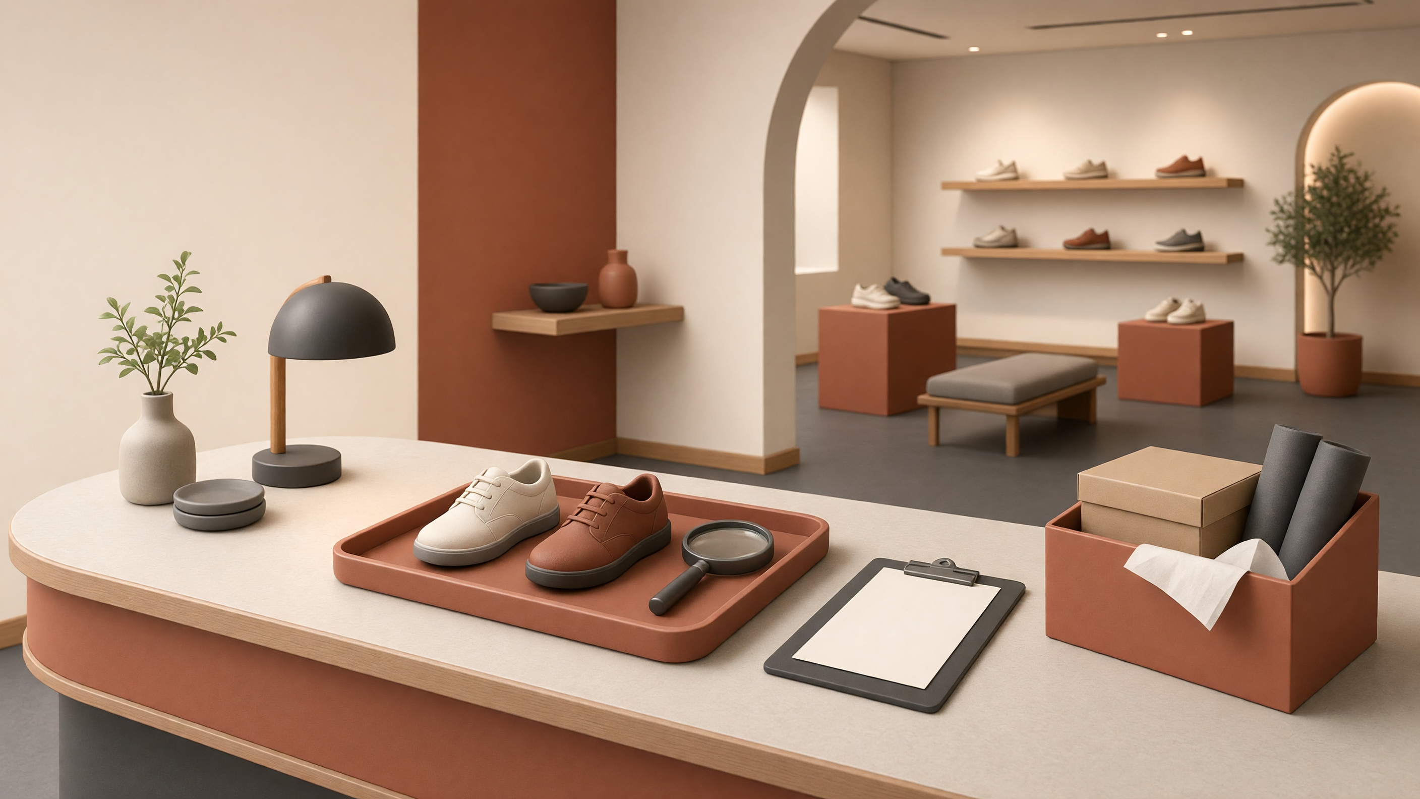 AI-generated article cover: Stylized synthetic boutique counter with generic shoes on a tray, magnifier, blank clipboard, packing box, and unbranded footwear displays beyond.