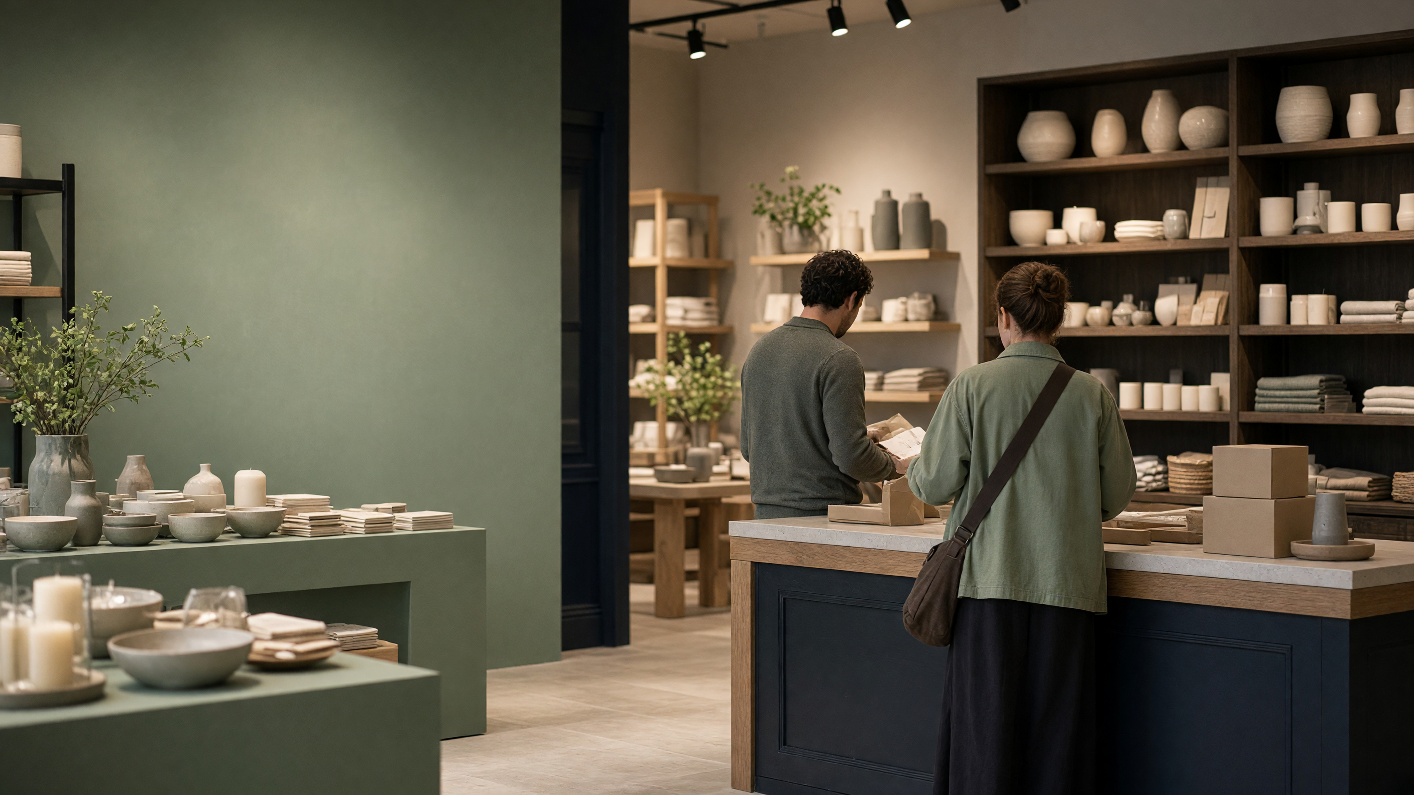 AI-generated article cover: Two adults at a boutique checkout amid unbranded ceramics, candles, and gifts, with wide sage-toned store context and open headline space.