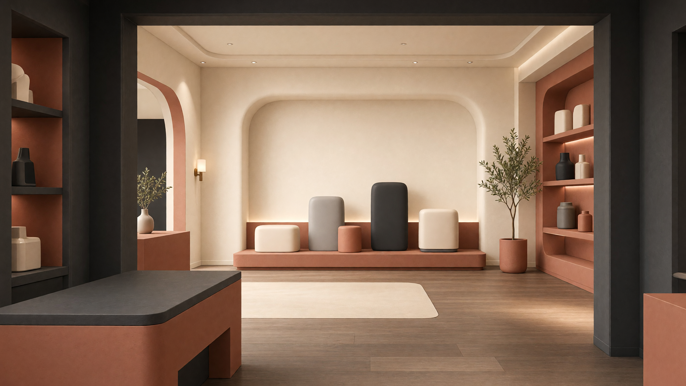 AI-generated article cover: Synthetic boutique showroom viewed through a dark doorway, with terracotta shelves, ceramic vessels, a potted plant, and simplified rounded appliance forms on a low bench.