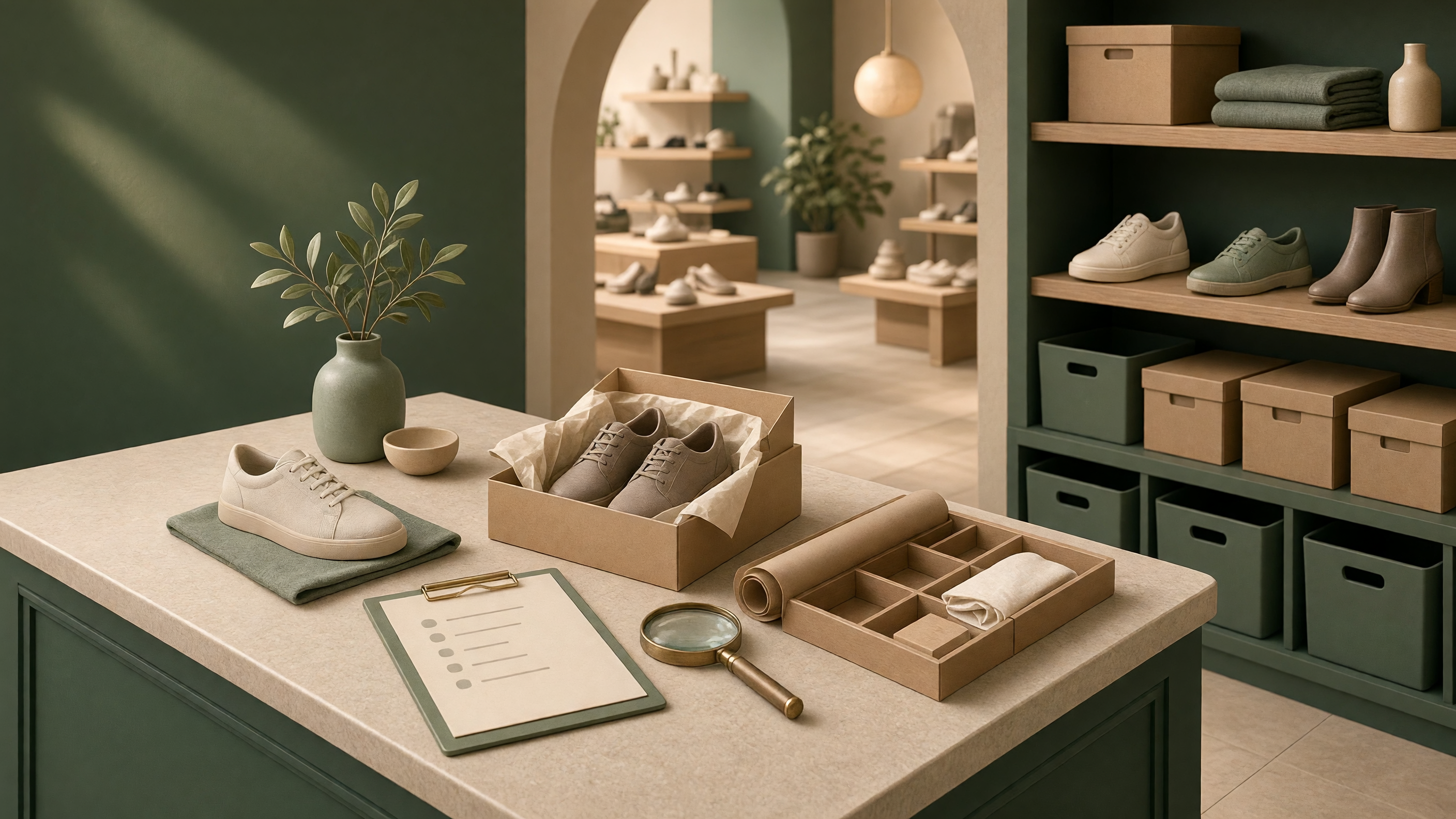 AI-generated article cover: Synthetic editorial still life of a tidy boutique footwear packing counter with generic shoes, plain boxes, checklist, and magnifier in a green-toned store interior.