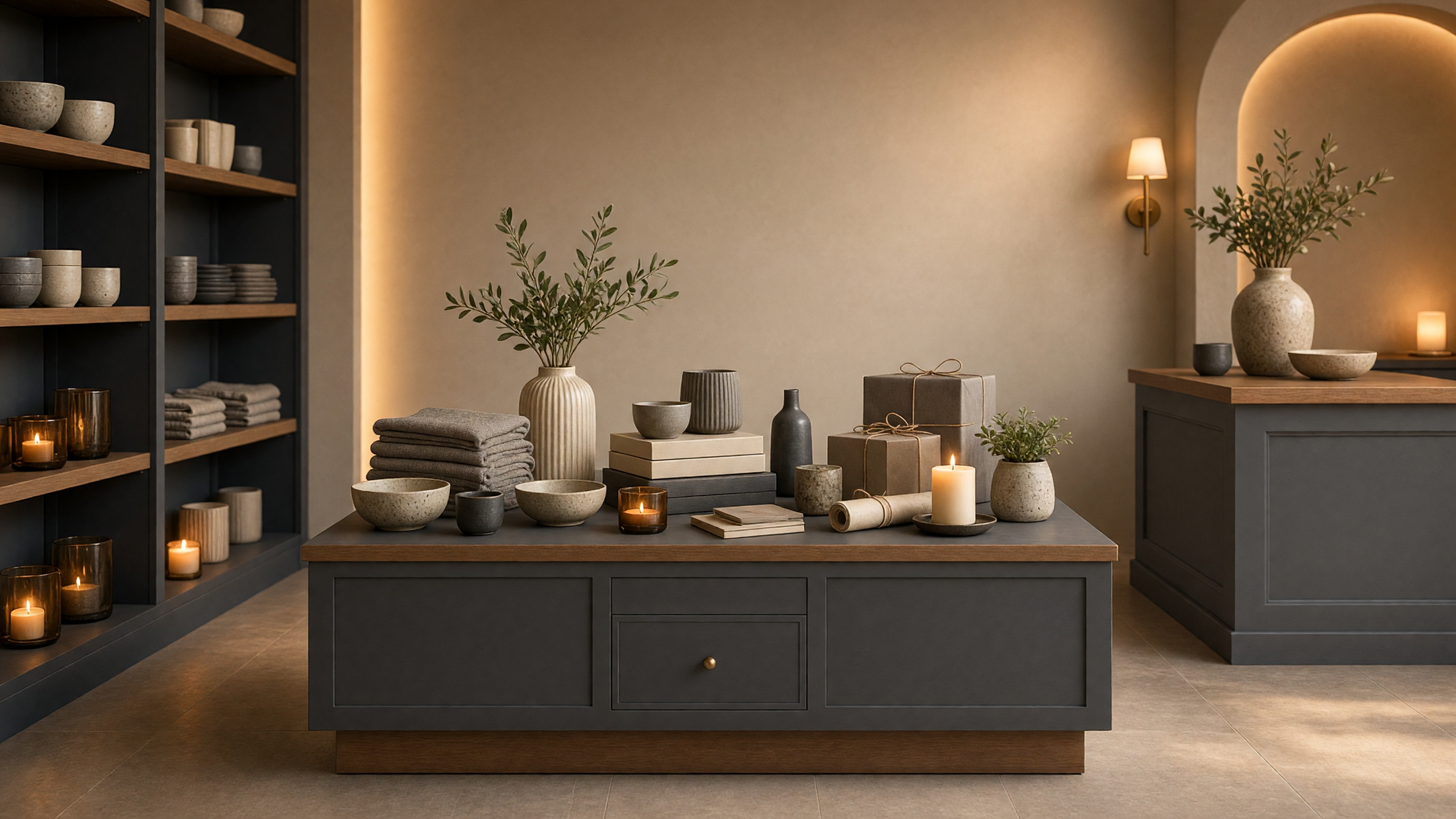 AI-generated article cover: Synthetic editorial still life of a boutique gift-shop display table with unbranded ceramics, candles, towels, wrapped gifts, and plants under warm lighting.