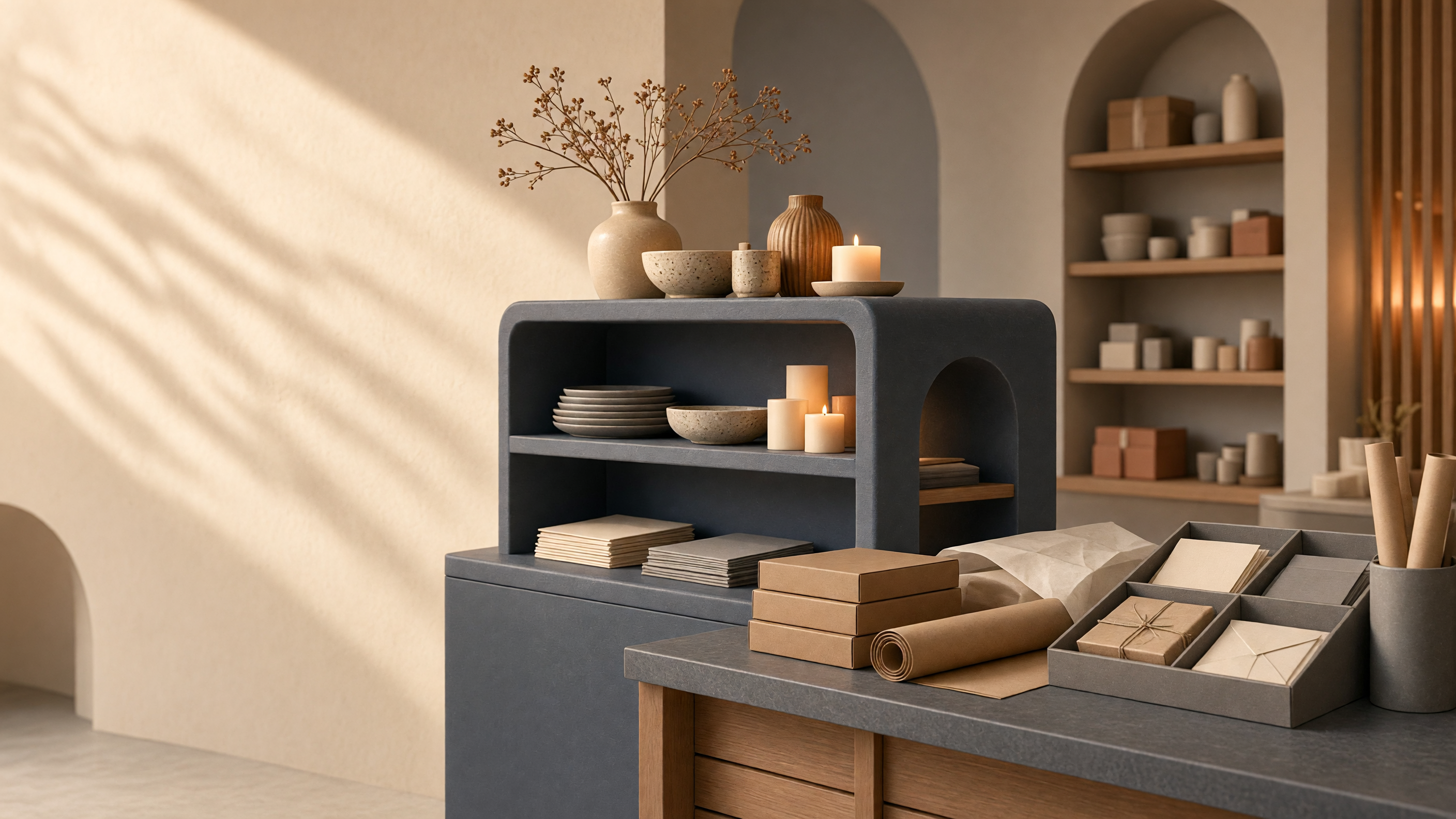 AI-generated article cover: Synthetic editorial still life of a gift-shop counter with unbranded ceramics, candles, stationery, and plain packing materials in muted slate and ivory tones.