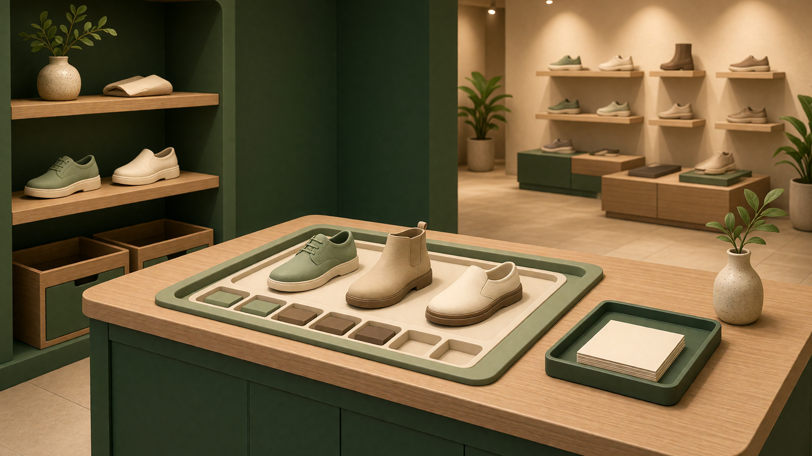 AI-generated article cover: Stylized synthetic boutique interior with three generic unbranded shoes on a green-rimmed counter tray, color swatches, plants, and background shelves of plain footwear.