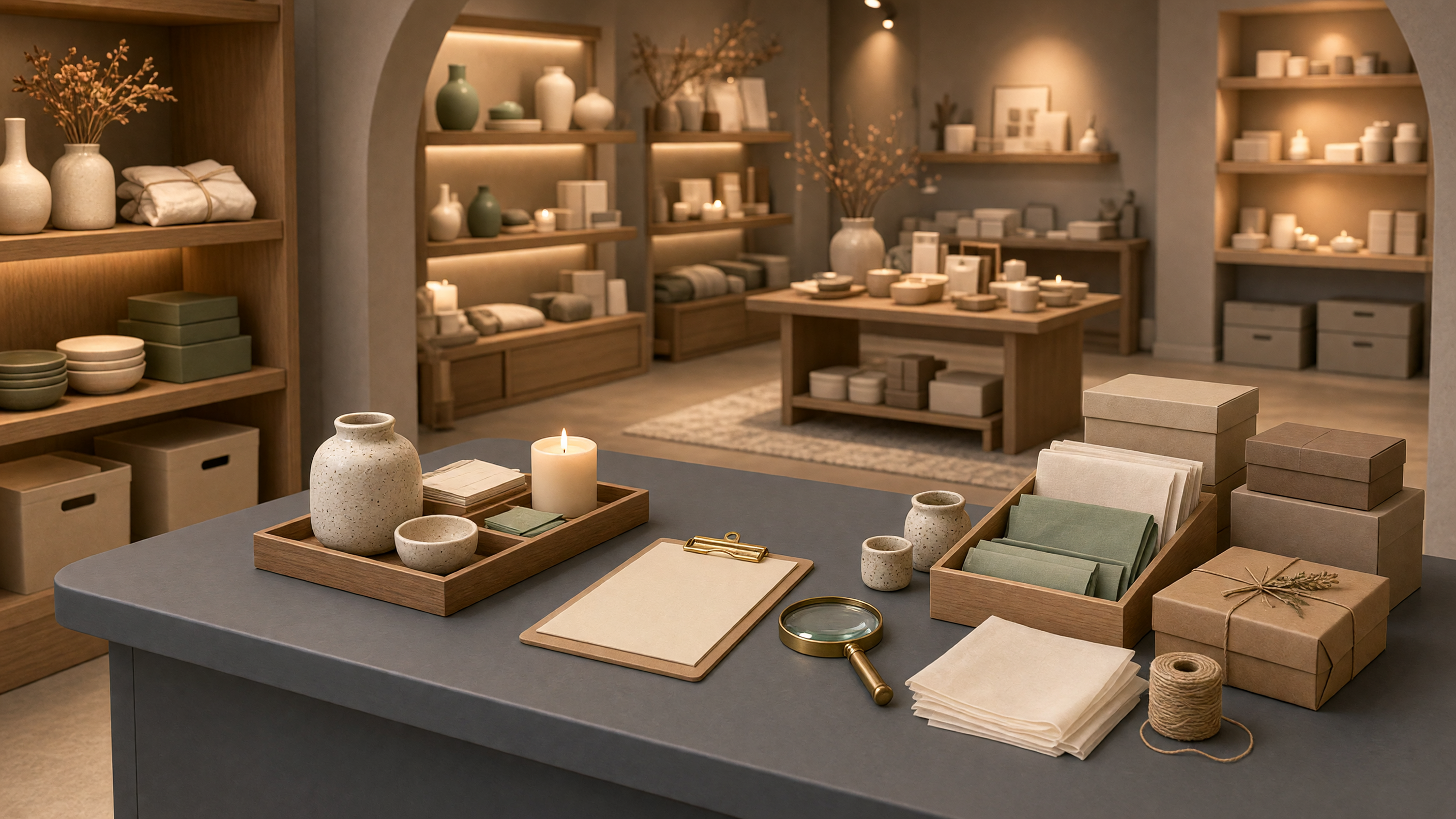 AI-generated article cover: Synthetic boutique interior with a tidy counter holding ceramics, candle, blank clipboard, magnifier, napkins, twine, and plain gift boxes amid unbranded shelves.