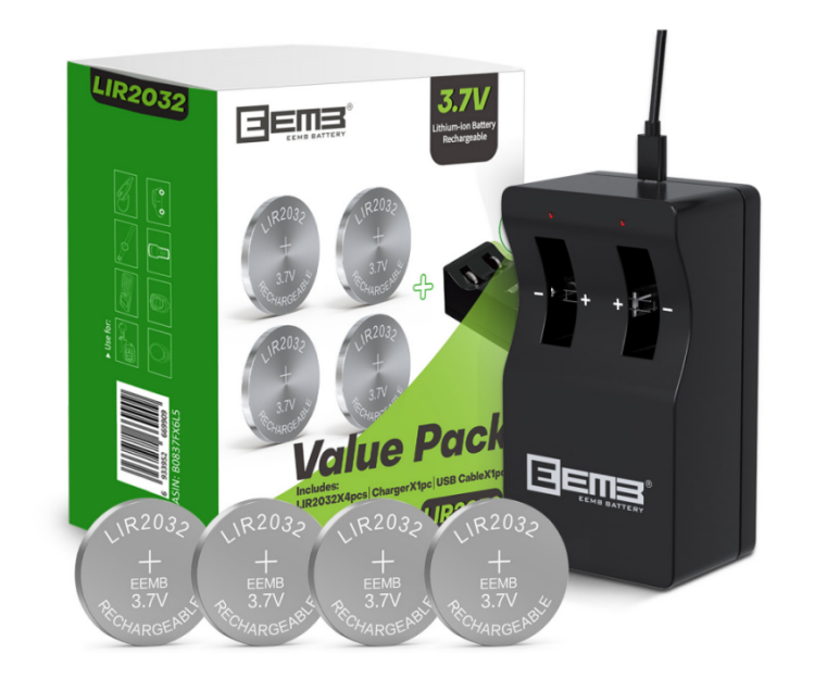 Official CPSC recall product image: Recalled EEMB Lithium-ion Coin Battery Charger with Rechargeable 2032 Batteries