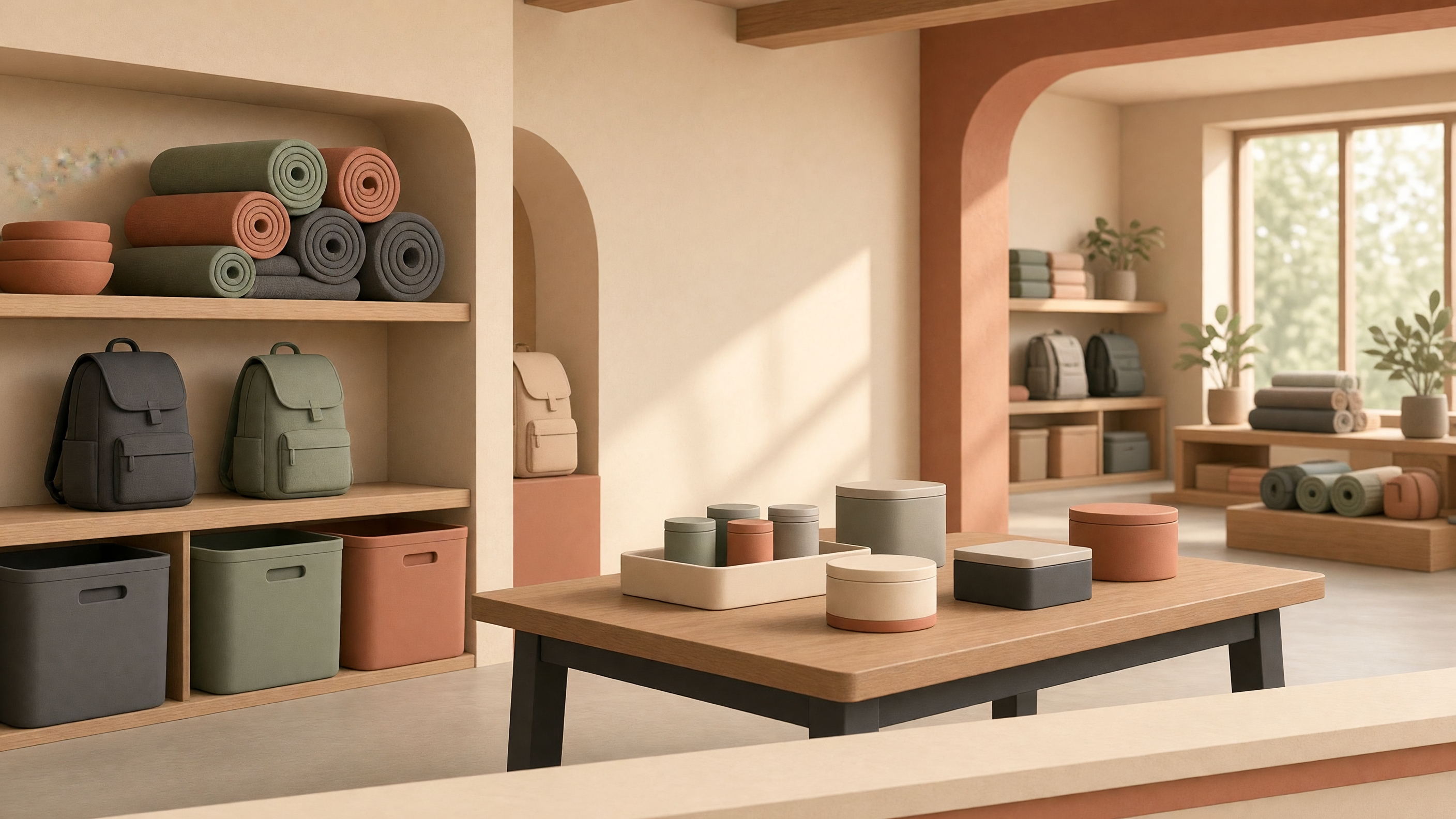 AI-generated article cover: Stylized empty boutique interior with shelves of rolled mats, plain backpacks, bins, and unmarked containers on a wooden table under soft light.
